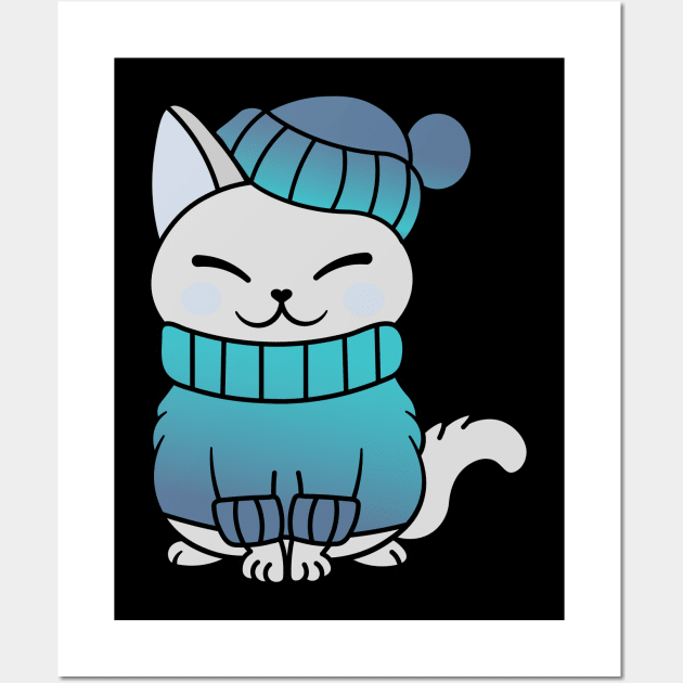 Cute Cozy Colorful Snow Winter Cat Kitty Wall Art by Cute Cat Designs